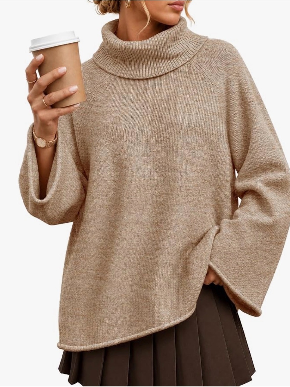 Cozy Relaxed Cowl Neck Sweater in Camel